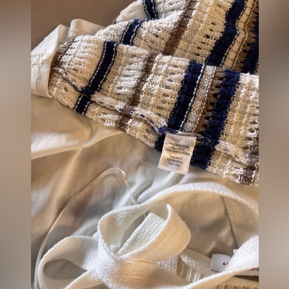 Freshman Womens Striped Crochet Knit Midi Dress White Navy Tan V-Neck Large - Picture 7 of 9